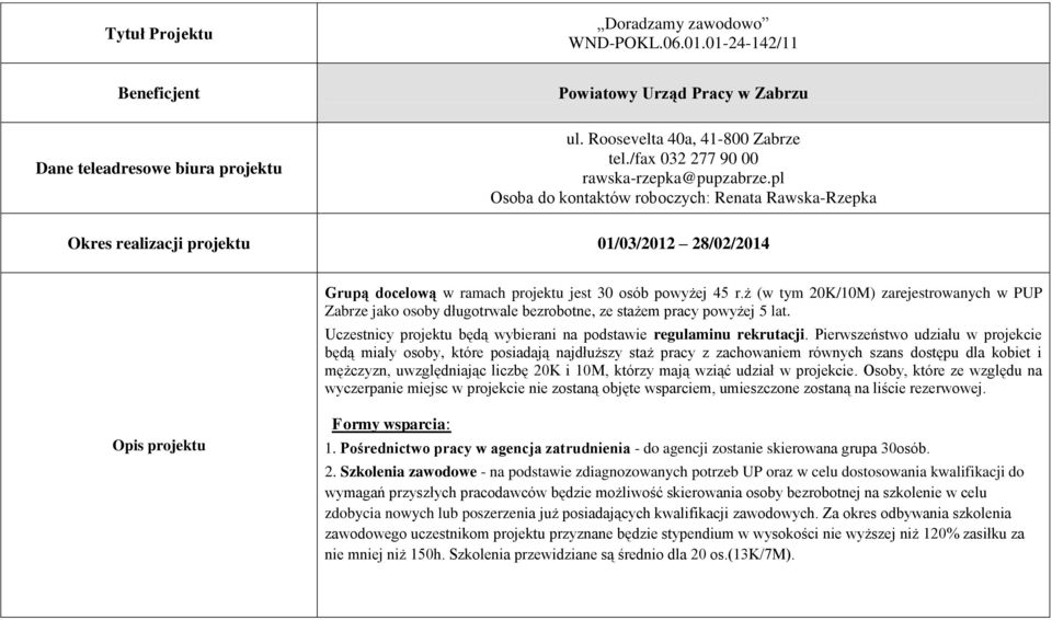 ż (w tym 20K/10M) zarejestrowanych w PUP Zabrze jako osoby długotrwale bezrobotne, ze stażem pracy powyżej 5 lat. Uczestnicy projektu będą wybierani na podstawie regulaminu rekrutacji.