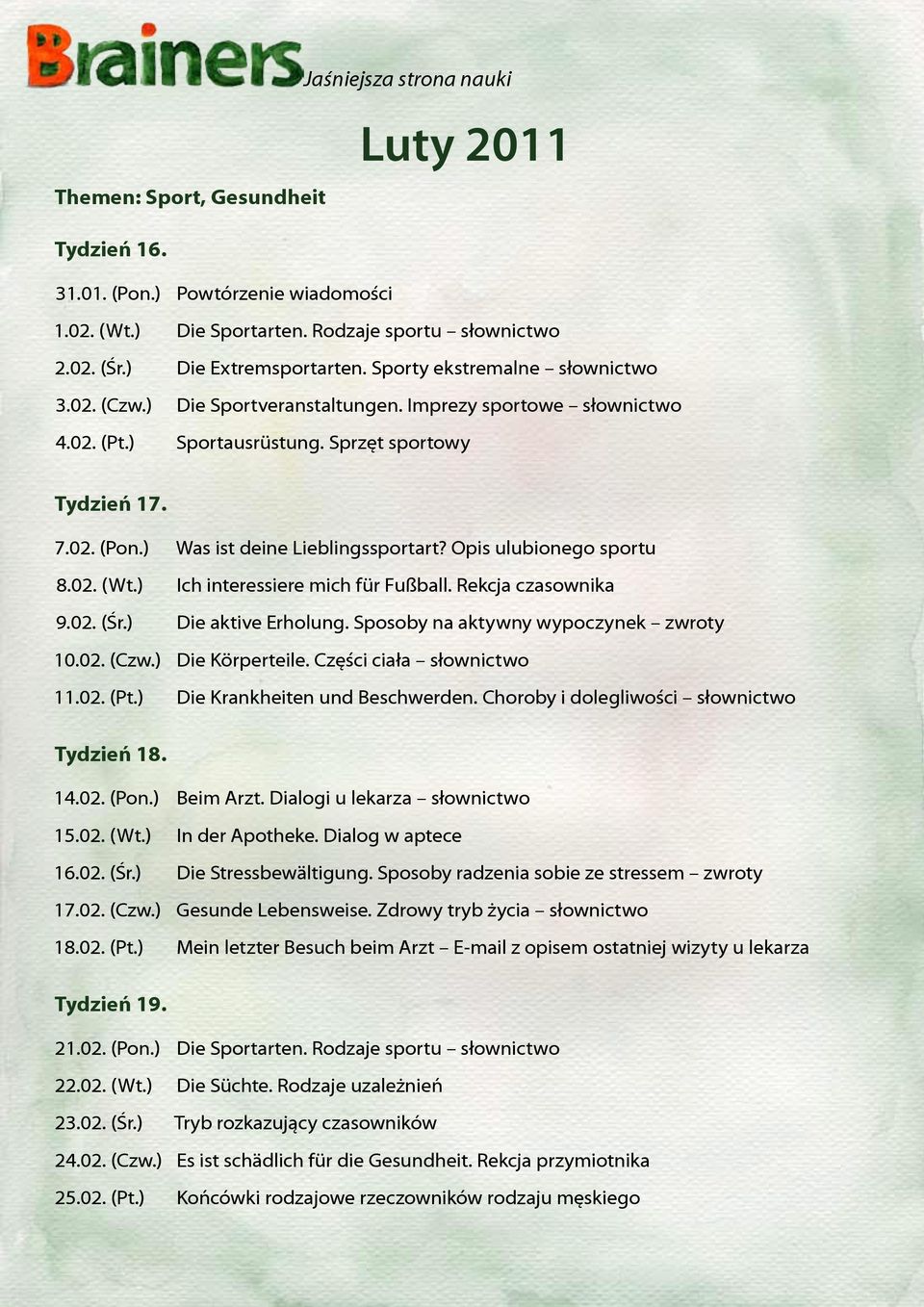 Opis ulubionego sportu 8.02. (Wt.) Ich interessiere mich für Fußball. Rekcja czasownika 9.02. (Śr.) Die aktive Erholung. Sposoby na aktywny wypoczynek zwroty 10.02. (Czw.) Die Körperteile.