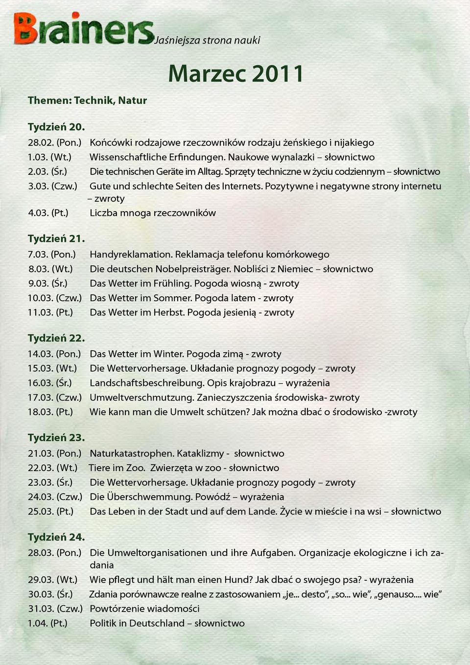 ) Liczba mnoga rzeczowników Tydzień 21. 7.03. (Pon.) Handyreklamation. Reklamacja telefonu komórkowego 8.03. (Wt.) Die deutschen Nobelpreisträger. Nobliści z Niemiec słownictwo 9.03. (Śr.