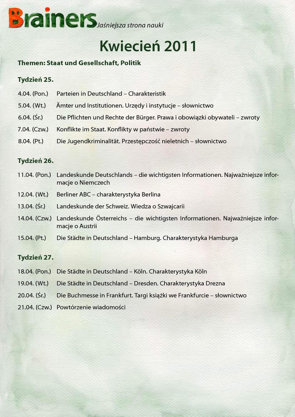 Przestępczość nieletnich słownictwo Tydzień 26. 11.04. (Pon.) Landeskunde Deutschlands die wichtigsten Informationen. Najważniejsze informacje o Niemczech 12.04. (Wt.