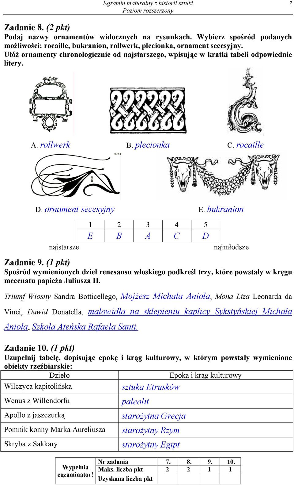 rollwerk B. plecionka C. rocaille D. ornament secesyjny E. bukranion najstarsze 1 2 3 4 5 E B A C D najmłodsze Zadanie 9.