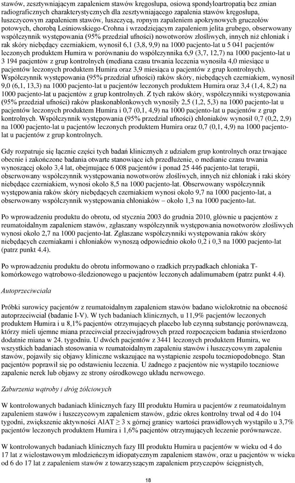 przedział ufności) nowotworów złośliwych, innych niż chłoniak i rak skóry niebędący czerniakiem, wynosił 6,1 (3,8, 9,9) na 1000 pacjento-lat u 5 041 pacjentów leczonych produktem Humira w porównaniu