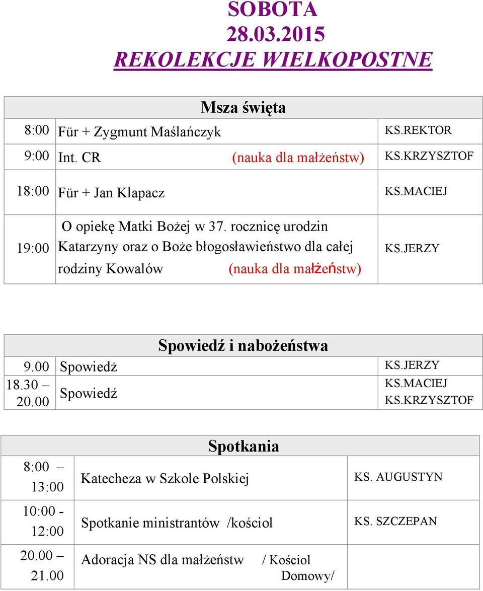 rocznicę urodzin Katarzyny oraz o Boże błogosławieństwo dla całej rodziny Kowalów (nauka dla małżeństw) 9.