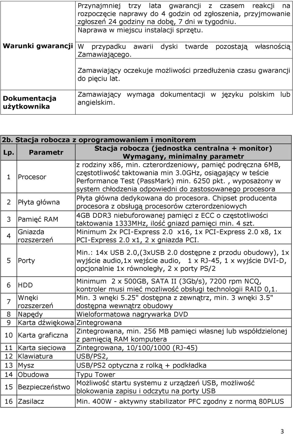 Dokumentacja użytkownika Zamawiający wymaga dokumentacji w języku polskim lub angielskim. 2b. Stacja robocza z oprogramowaniem i monitorem Lp.