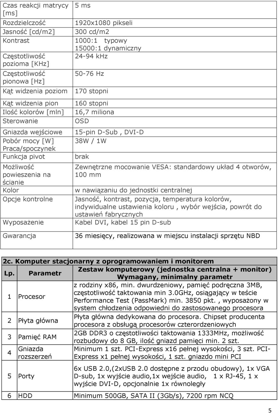 24-94 khz 50-76 Hz 170 stopni 160 stopni 16,7 miliona OSD 15-pin D-Sub, DVI-D 38W / 1W brak Zewnętrzne mocowanie VESA: standardowy układ 4 otworów, 100 mm w nawiązaniu do jednostki centralnej