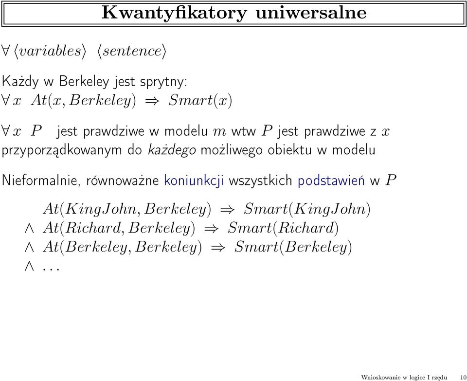 modelu Nieformalnie, równoważne koniunkcji wszystkich podstawień w P At(KingJohn, Berkeley)