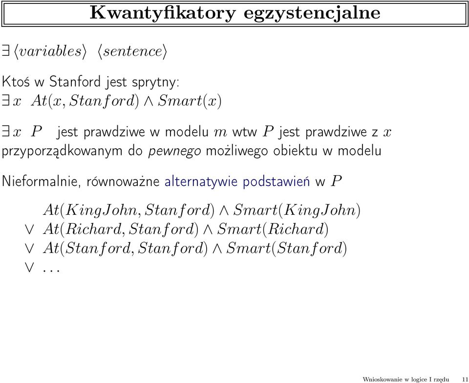 modelu Nieformalnie, równoważne alternatywie podstawień w P At(KingJohn, Stanf ord) Smart(KingJohn)