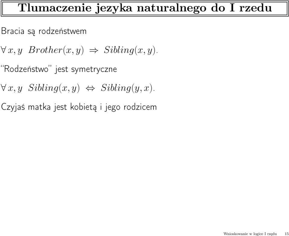 Rodzeństwo jest symetryczne x, y Sibling(x, y) Sibling(y,