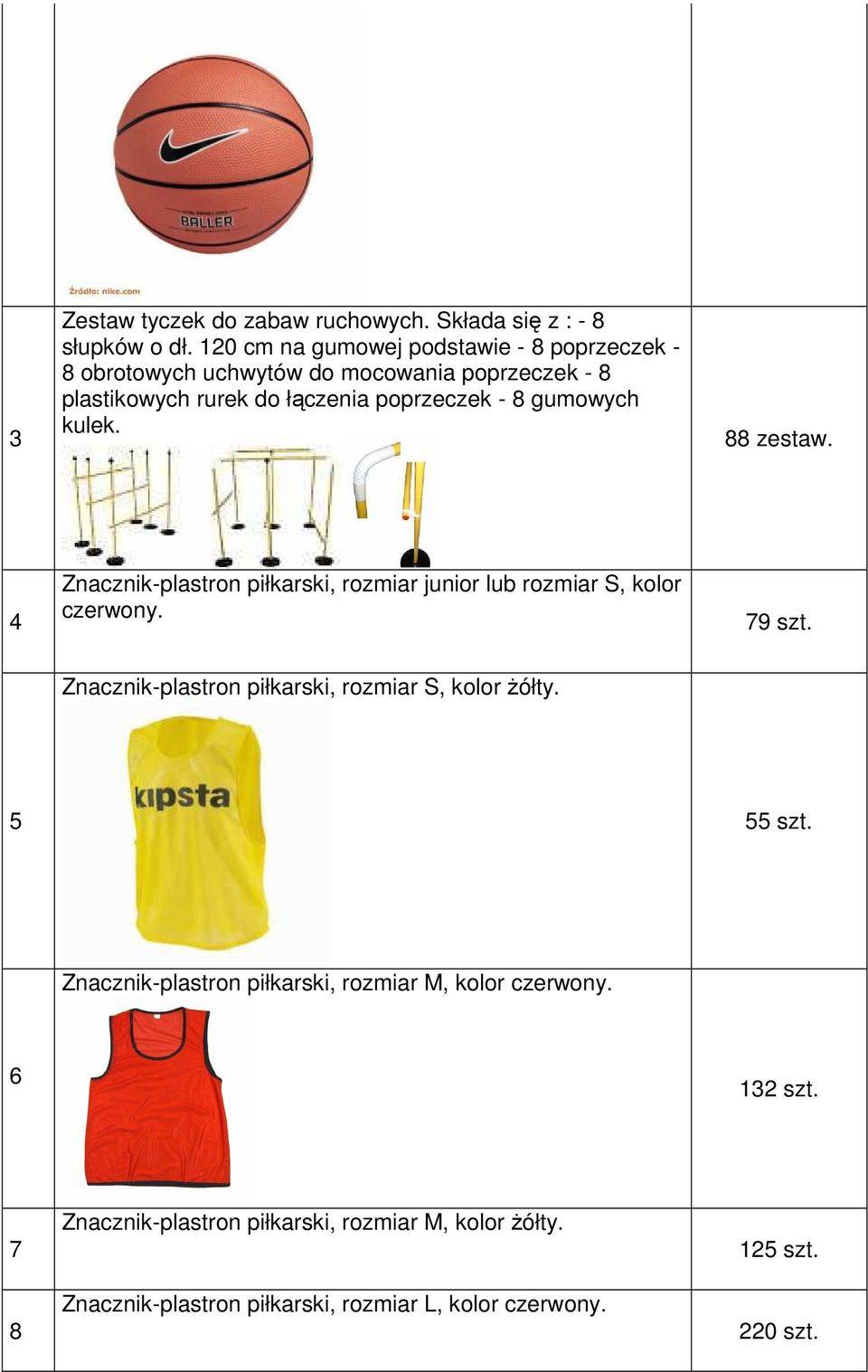 gumowych kulek. 88 zestaw. 4 Znacznik-plastron piłkarski, rozmiar junior lub rozmiar S, kolor czerwony. 79 szt.