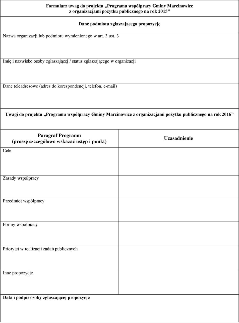 e-mail) Uwagi do projektu Programu współpracy Gminy Marcinowice z organizacjami pożytku publicznego na rok 2016 Paragraf Programu (proszę szczegółowo wskazać ustęp i