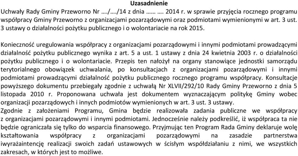 Konieczność uregulowania współpracy z organizacjami pozarządowymi i innymi podmiotami prowadzącymi działalność pożytku publicznego wynika z art. 5 a ust. 1 ustawy z dnia 24 kwietnia 2003 r.