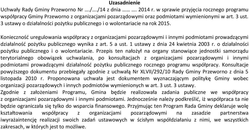 Konieczność uregulowania współpracy z organizacjami pozarządowymi i innymi podmiotami prowadzącymi działalność pożytku publicznego wynika z art. 5 a ust. 1 ustawy z dnia 24 kwietnia 2003 r.