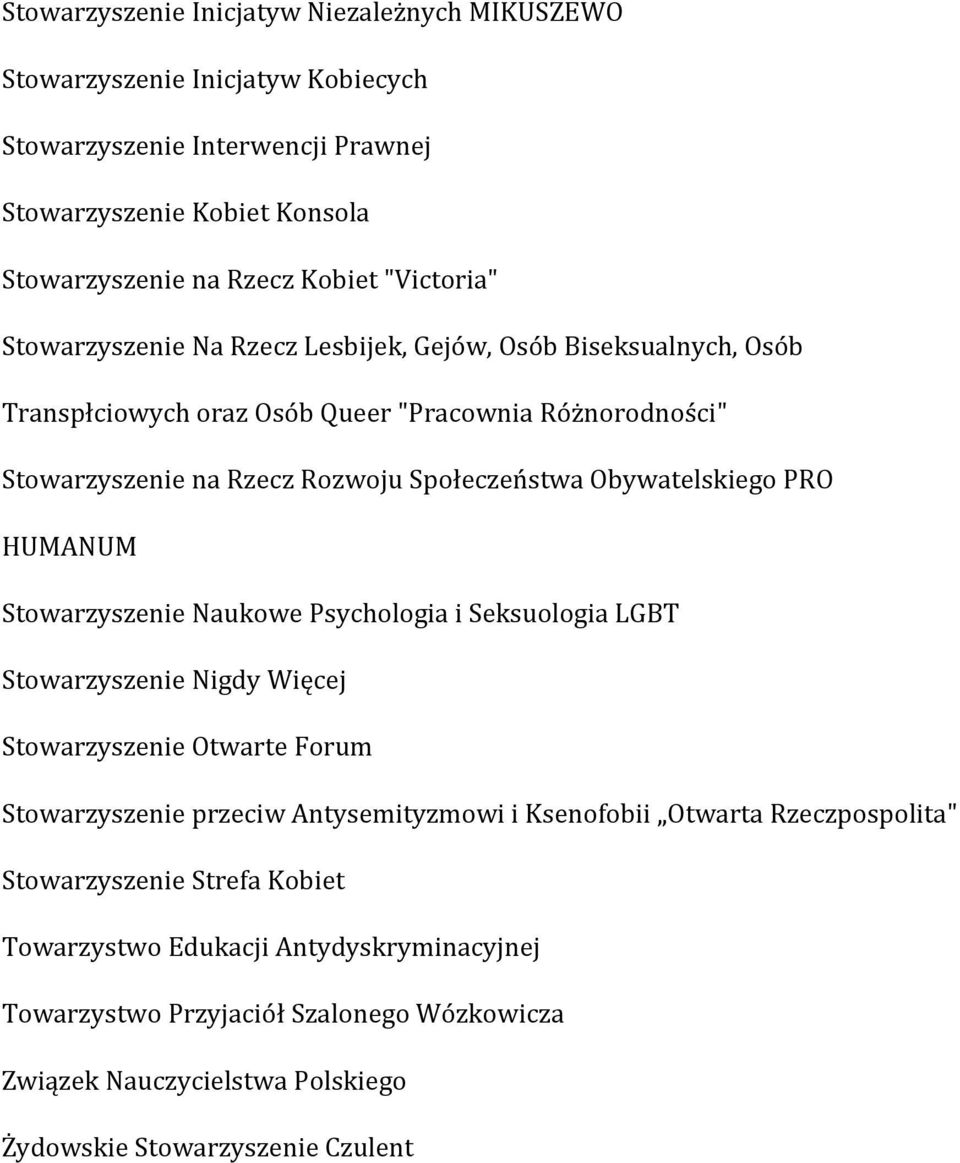 Obywatelskiego PRO HUMANUM Stowarzyszenie Naukowe Psychologia i Seksuologia LGBT Stowarzyszenie Nigdy Więcej Stowarzyszenie Otwarte Forum Stowarzyszenie przeciw Antysemityzmowi i