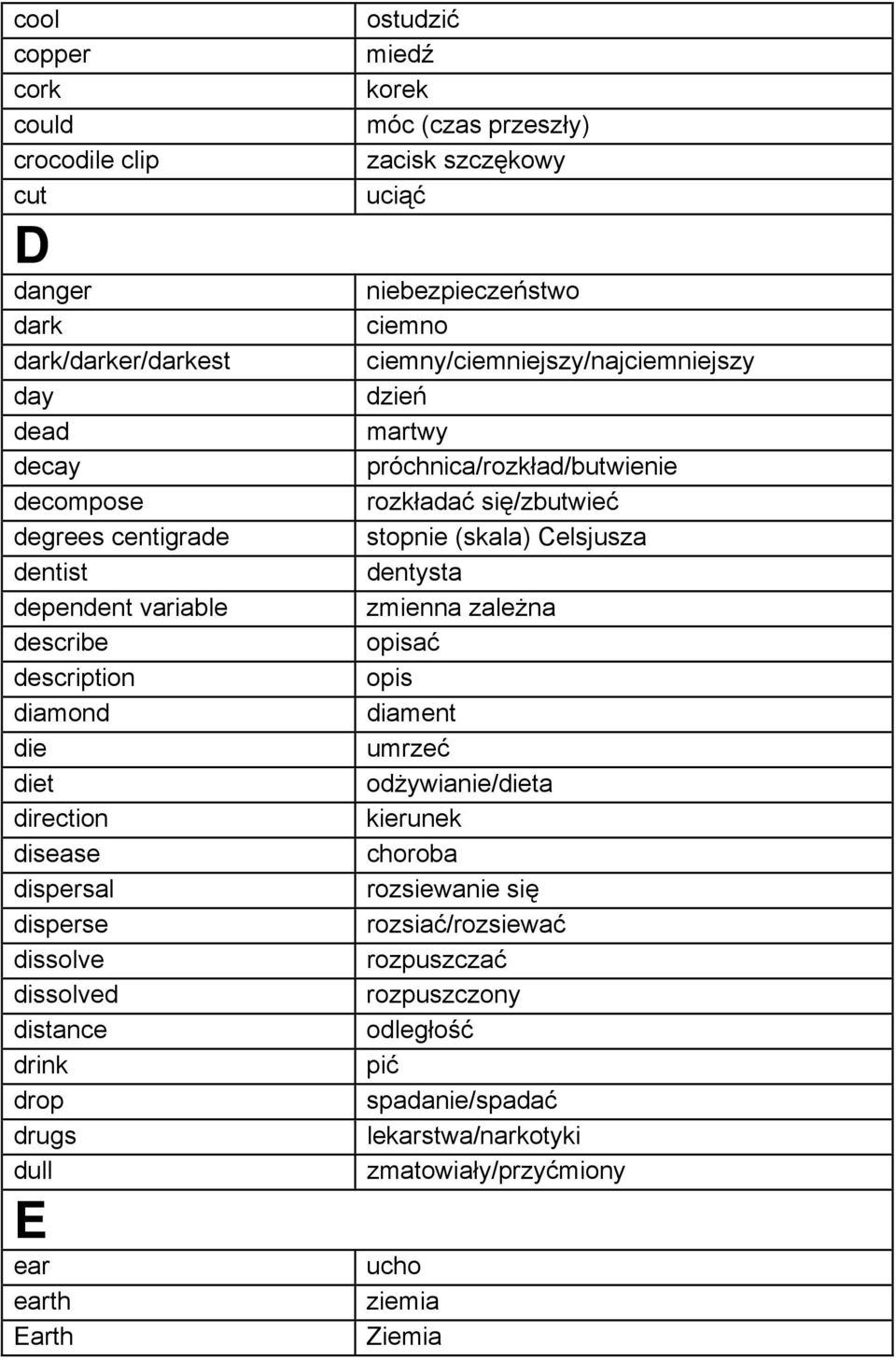 niebezpieczeństwo ciemno ciemny/ciemniejszy/najciemniejszy dzień martwy próchnica/rozkład/butwienie rozkładać się/zbutwieć stopnie (skala) Celsjusza dentysta zmienna zależna opisać