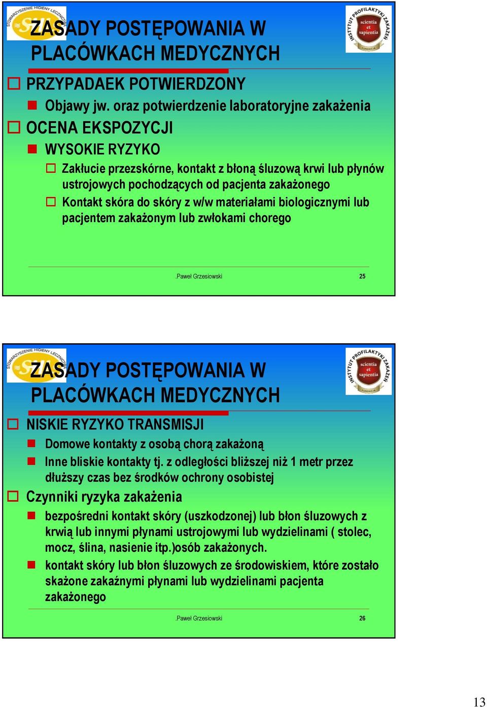 do skóry z w/w materiałami biologicznymi lub pacjentem zakażonym lub zwłokami chorego 25 ZASADY POSTĘPOWANIA W NISKIE RYZYKO TRANSMISJI Domowe kontakty z osobą chorą zakażoną Inne bliskie kontakty tj.