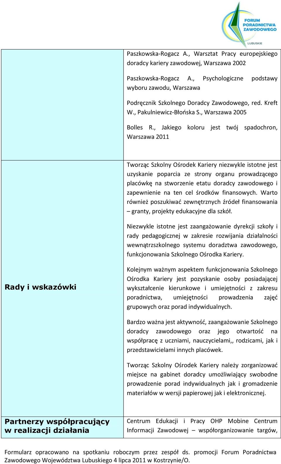 , Jakiego koloru jest twój spadochron, Warszawa 2011 Tworząc Szkolny Ośrodek Kariery niezwykle istotne jest uzyskanie poparcia ze strony organu prowadzącego placówkę na stworzenie etatu doradcy