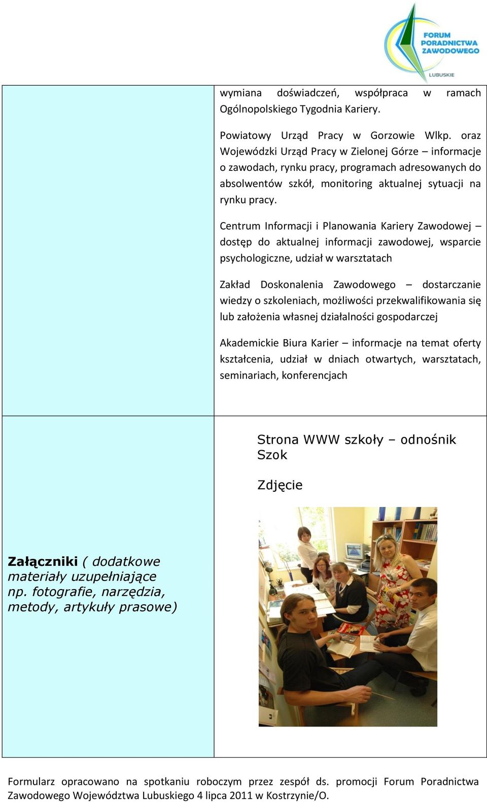 Centrum Informacji i Planowania Kariery Zawodowej dostęp do aktualnej informacji zawodowej, wsparcie psychologiczne, udział w warsztatach Zakład Doskonalenia Zawodowego dostarczanie wiedzy o