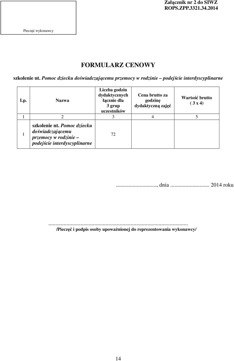 Nazwa Liczba godzin dydaktycznych łącznie dla 3 grup uczestników Cena brutto za godzinę dydaktyczną zajęć Wartość brutto ( 3 x