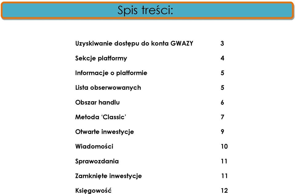 Obszar handlu 6 Metoda Classic 7 Otwarte inwestycje 9