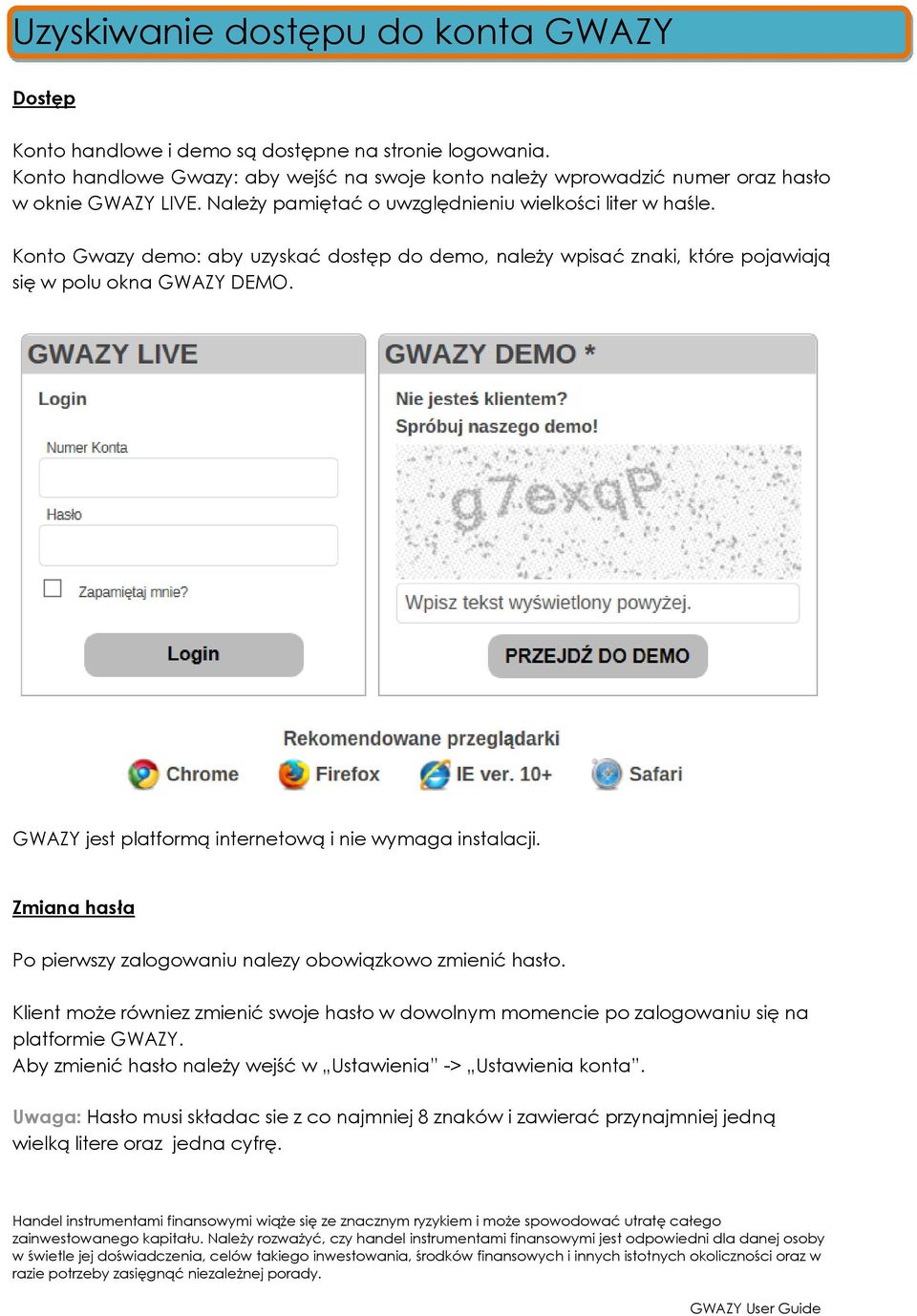 Konto Gwazy demo: aby uzyskać dostęp do demo, należy wpisać znaki, które pojawiają się w polu okna GWAZY DEMO. GWAZY jest platformą internetową i nie wymaga instalacji.