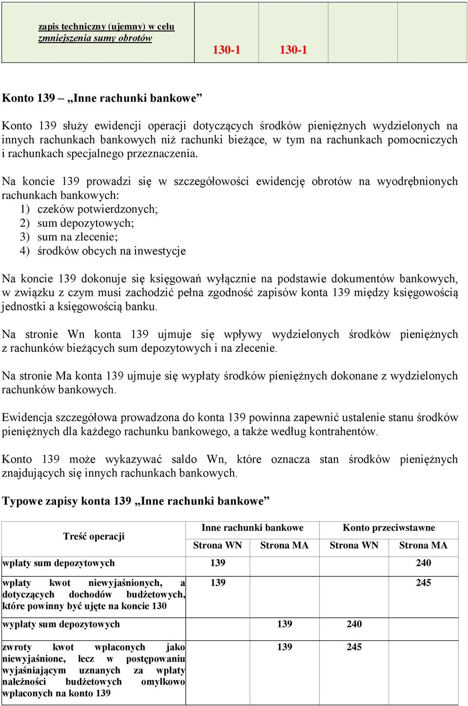 Na koncie 139 prowadzi się w szczegółowości ewidencję obrotów na wyodrębnionych rachunkach bankowych: 1) czeków potwierdzonych; 2) sum depozytowych; 3) sum na zlecenie; 4) środków obcych na