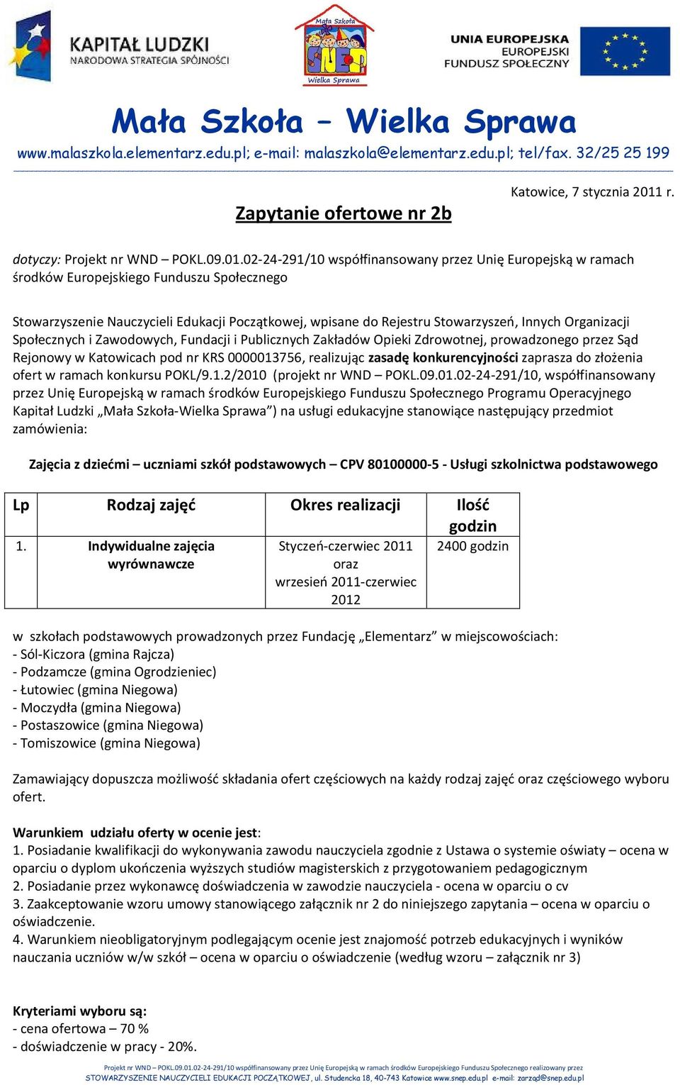 02-24-291/10 współfinansowany przez Unię Europejską w ramach środków Europejskiego Funduszu Społecznego Stowarzyszenie Nauczycieli Edukacji Początkowej, wpisane do Rejestru Stowarzyszeń, Innych