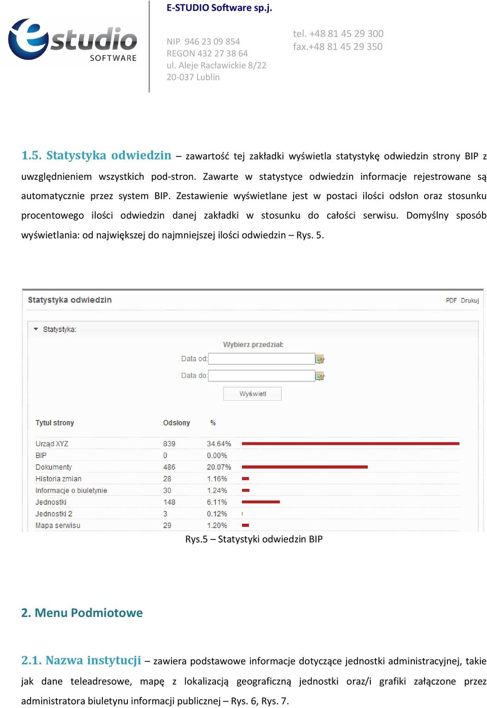 Zestawienie wyświetlane jest w postaci ilości odsłon oraz stosunku procentowego ilości odwiedzin danej zakładki w stosunku do całości serwisu.