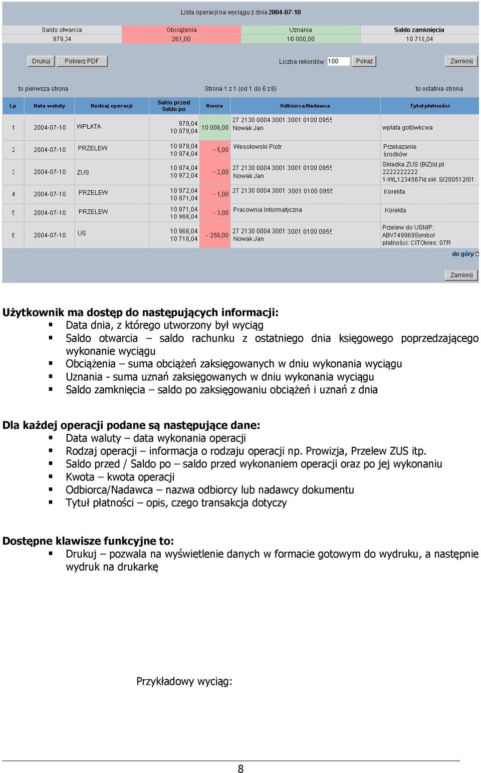 podane są następujące dane: Data waluty data wykonania operacji Rodzaj operacji informacja o rodzaju operacji np. Prowizja, Przelew ZUS itp.