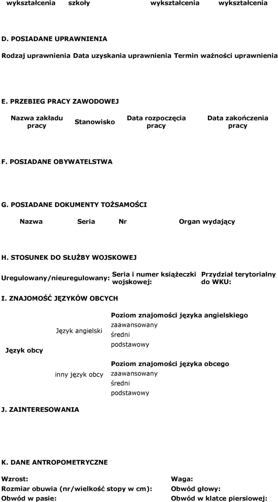 STOSUNEK DO SŁUŻBY WOJSKOWEJ Uregulowany/nieuregulowany: Seria i numer książeczki wojskowej: Przydział terytorialny do WKU: I.