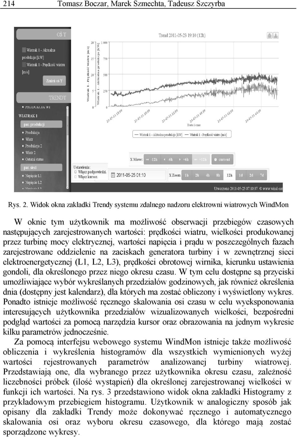 prędkości wiatru, wielkości produkowanej przez turbinę mocy elektrycznej, wartości napięcia i prądu w poszczególnych fazach zarejestrowane oddzielenie na zaciskach generatora turbiny i w zewnętrznej