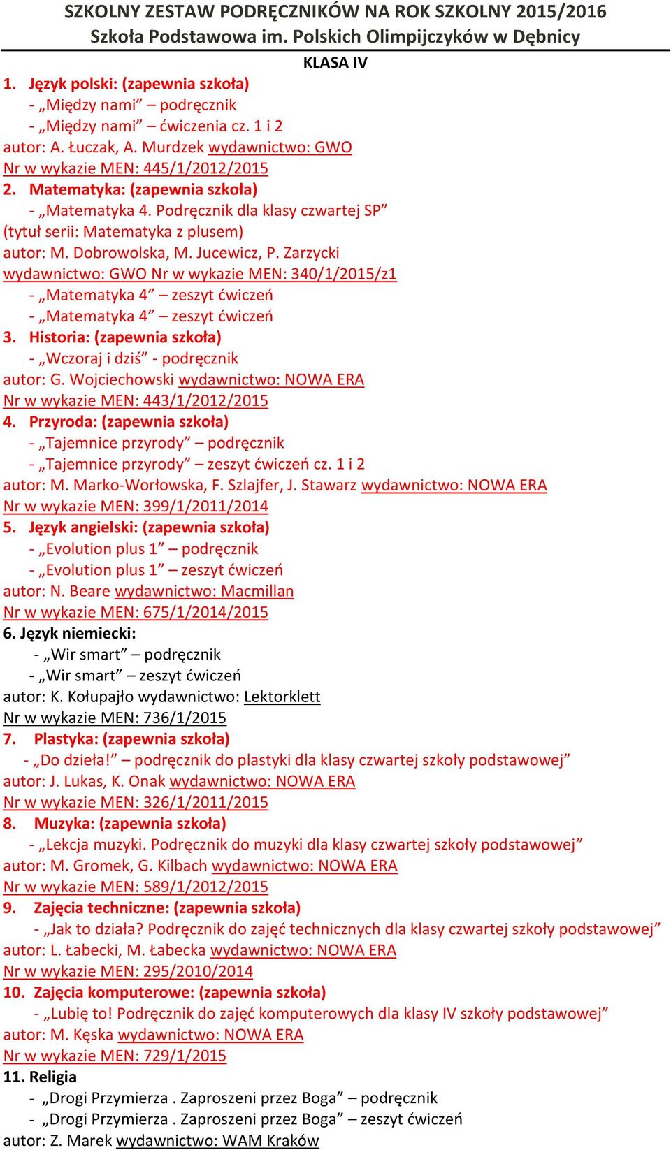 Zarzycki wydawnictwo: GWO Nr w wykazie MEN: 340/1/2015/z1 - Matematyka 4 zeszyt ćwiczeń - Matematyka 4 zeszyt ćwiczeń 3. Historia: (zapewnia szkoła) - Wczoraj i dziś - podręcznik autor: G.