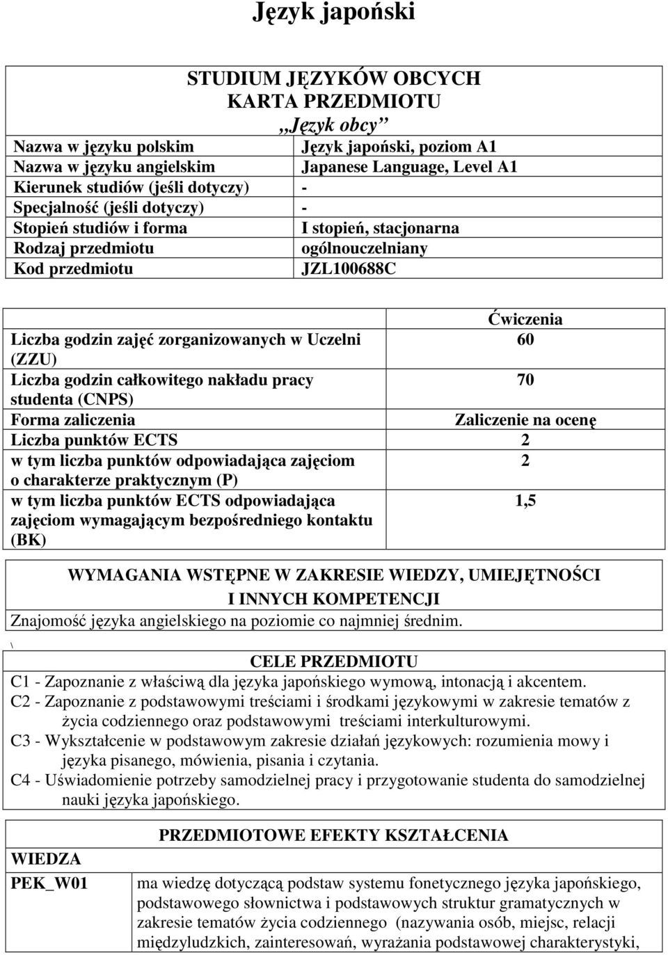 Uczelni 60 (ZZU) Liczba godzin całkowitego nakładu pracy 70 studenta (CNPS) Forma zaliczenia Zaliczenie na ocenę Liczba punktów ECTS w tym liczba punktów odpowiadająca zajęciom o charakterze