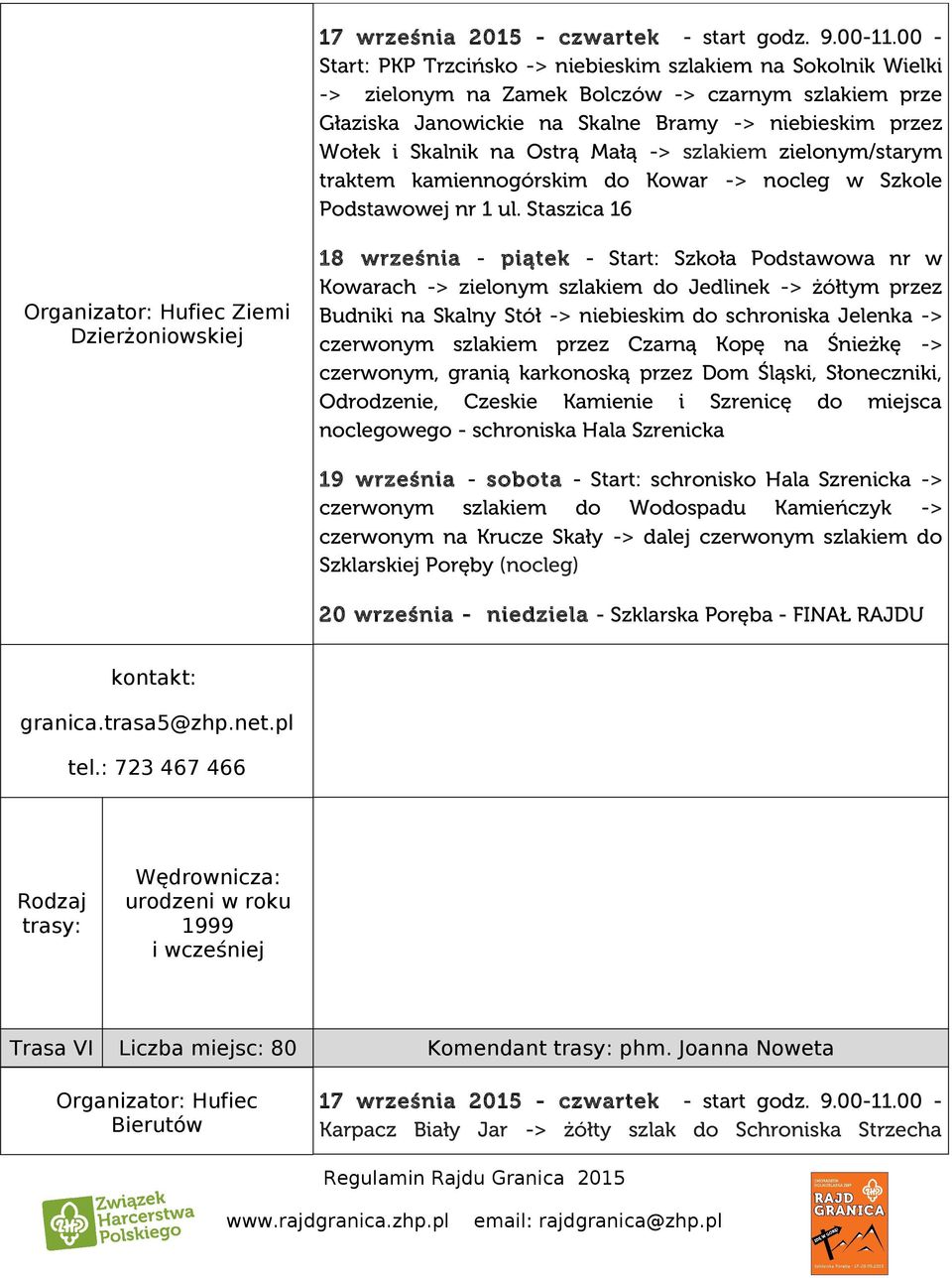 Ostrą Małą -> szlakiem zielonym/starym traktem kamiennogórskim do Kowar -> nocleg w Szkole Podstawowej nr 1 ul.