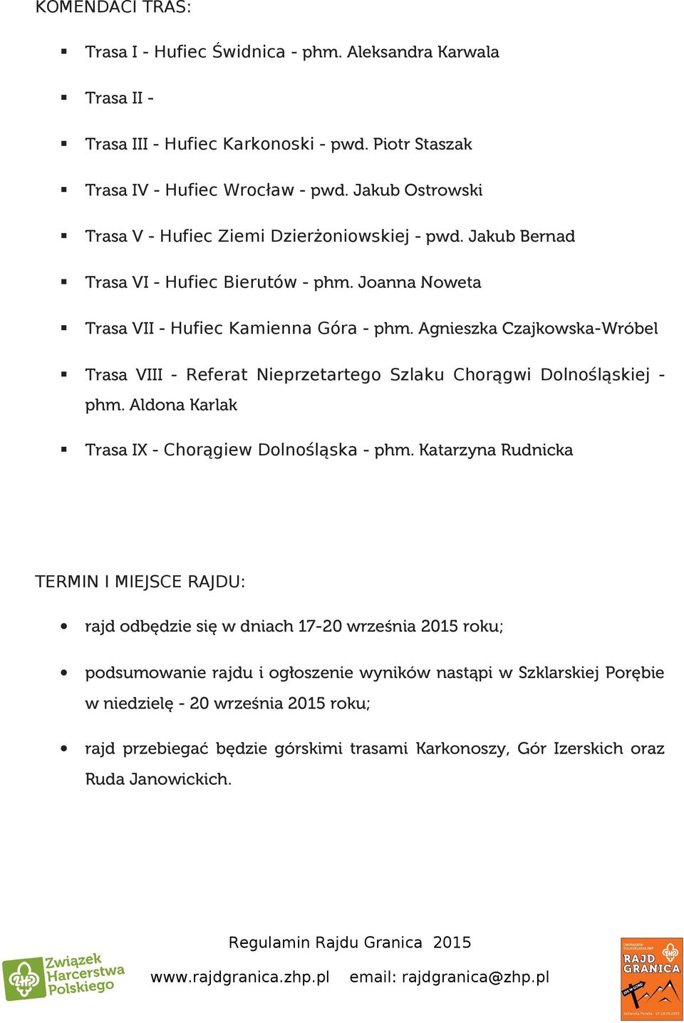 Agnieszka Czajkowska-Wróbel Trasa VIII - Referat Nieprzetartego Szlaku Chorągwi Dolnośląskiej - phm. Aldona Karlak Trasa IX - Chorągiew Dolnośląska - phm.