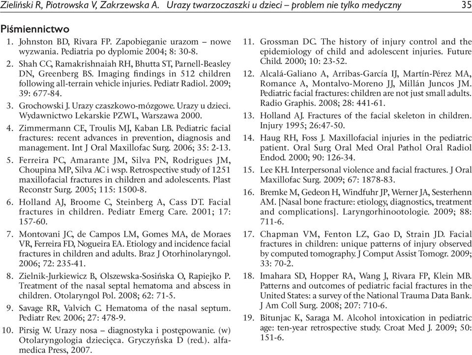 Pediatr Radiol. 2009; 39: 677-84. 3. Grochowski J. Urazy czaszkowo-mózgowe. Urazy u dzieci. Wydawnictwo Lekarskie PZWL, Warszawa 2000. 4. Zimmermann CE, Troulis MJ, Kaban LB.