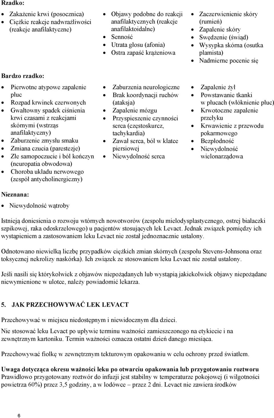 krwinek czerwonych Gwałtowny spadek ciśnienia krwi czasami z reakcjami skórnymi (wstrząs anafilaktyczny) Zaburzenie zmysłu smaku Zmiana czucia (parestezje) Złe samopoczucie i ból kończyn (neuropatia