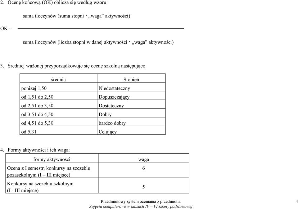 Średniej ważonej przyporządkowuje się ocenę szkolną następująco: średnia poniżej 1,50 od 1,51 do 2,50 od 2,51 do 3,50 od 3,51 do 4,50 od 4,51 do