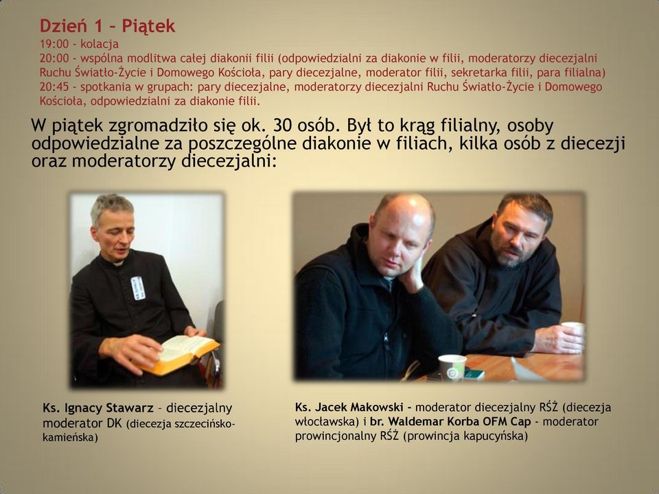 W piątek zgromadziło się ok. 30 osób. Był to krąg filialny, osoby odpowiedzialne za poszczególne diakonie w filiach, kilka osób z diecezji oraz moderatorzy diecezjalni: Ks.
