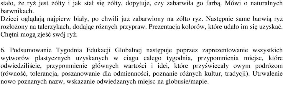 Podsumowanie Tygodnia Edukacji Globalnej następuje poprzez zaprezentowanie wszystkich wytworów plastycznych uzyskanych w ciągu całego tygodnia, przypomnienia miejsc, które odwiedziliście,