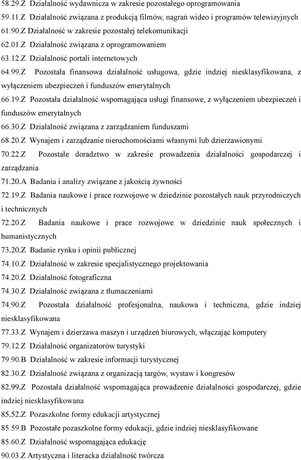 Z Pozostała finansowa działalność usługowa, gdzie indziej niesklasyfikowana, z wyłączeniem ubezpieczeń i funduszów emerytalnych 66.19.
