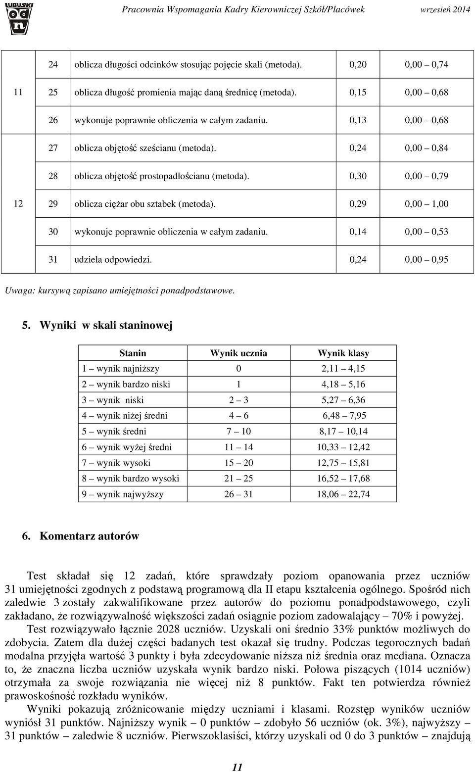 0,30 0,00 0,79 12 29 oblicza ciężar obu sztabek (metoda). 0,29 0,00 1,00 30 wykonuje poprawnie obliczenia w całym zadaniu. 0,14 0,00 0,53 31 udziela odpowiedzi.