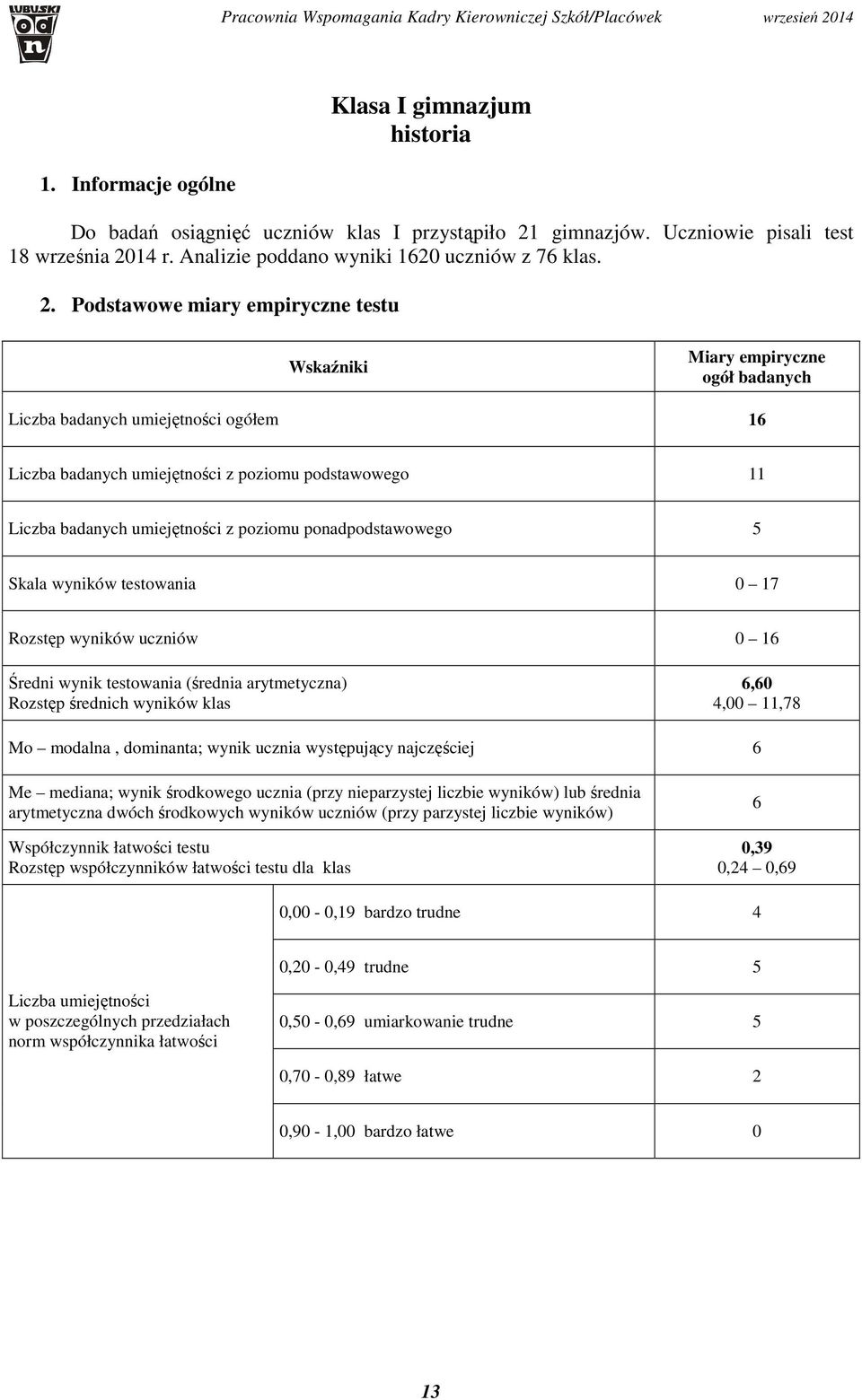 14 r. Analizie poddano wyniki 1620 uczniów z 76 klas. 2.