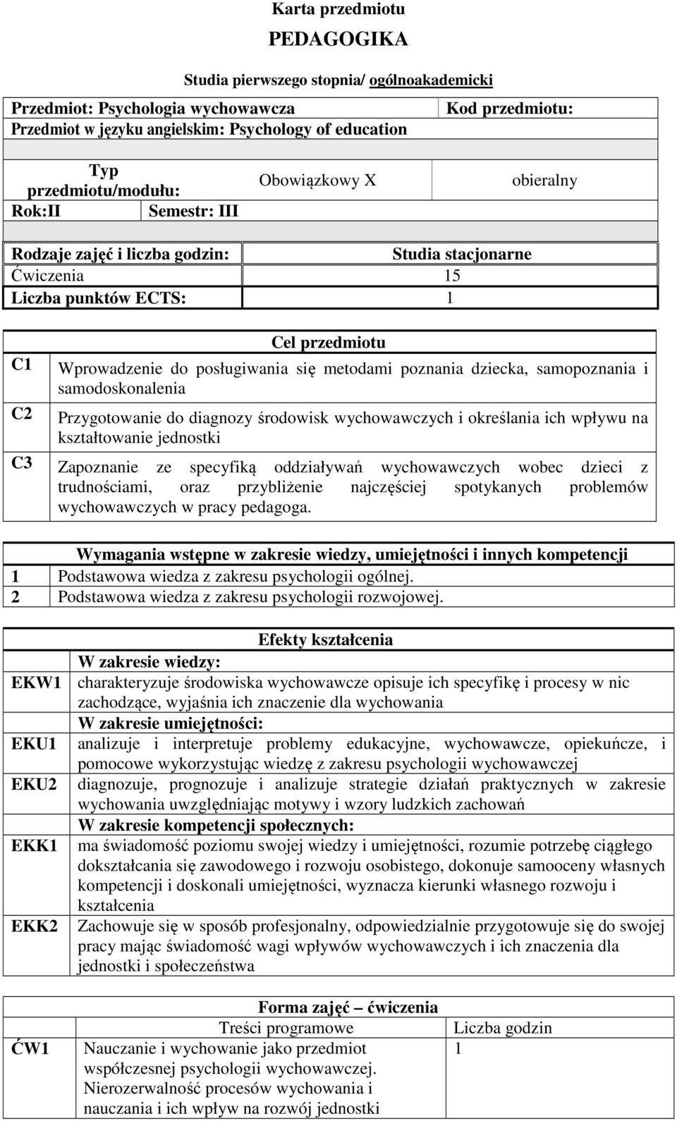 się metodami poznania dziecka, samopoznania i samodoskonalenia Przygotowanie do diagnozy środowisk wychowawczych i określania ich wpływu na kształtowanie jednostki C3 Zapoznanie ze specyfiką