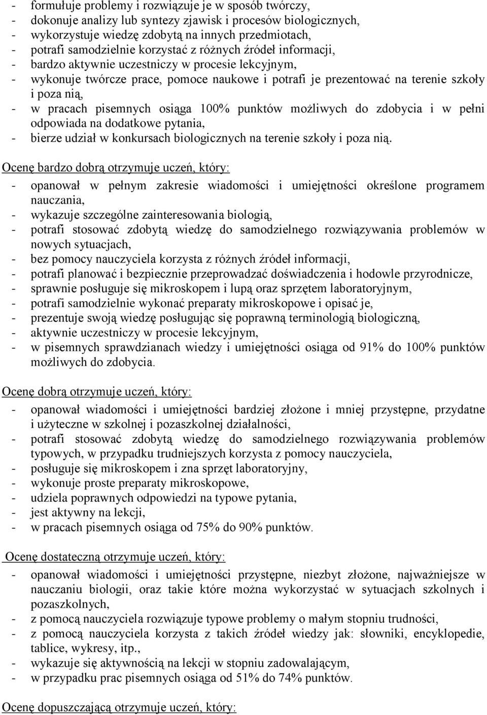 pisemnych osiąga 100% punktów możliwych do zdobycia i w pełni odpowiada na dodatkowe pytania, - bierze udział w konkursach biologicznych na terenie szkoły i poza nią.