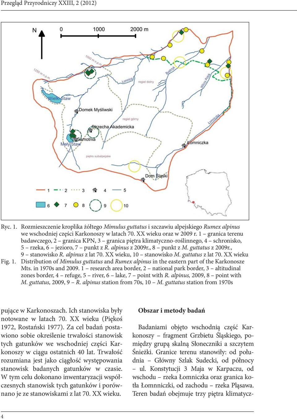 alpinus z lat 70. XX wieku, 10 stanowisko M. guttatus z lat 70. XX wieku Fig. 1. Distribution of Mimulus guttatus and Rumex alpinus in the eastern part of the Karkonosze Mts. in 1970s and 2009.