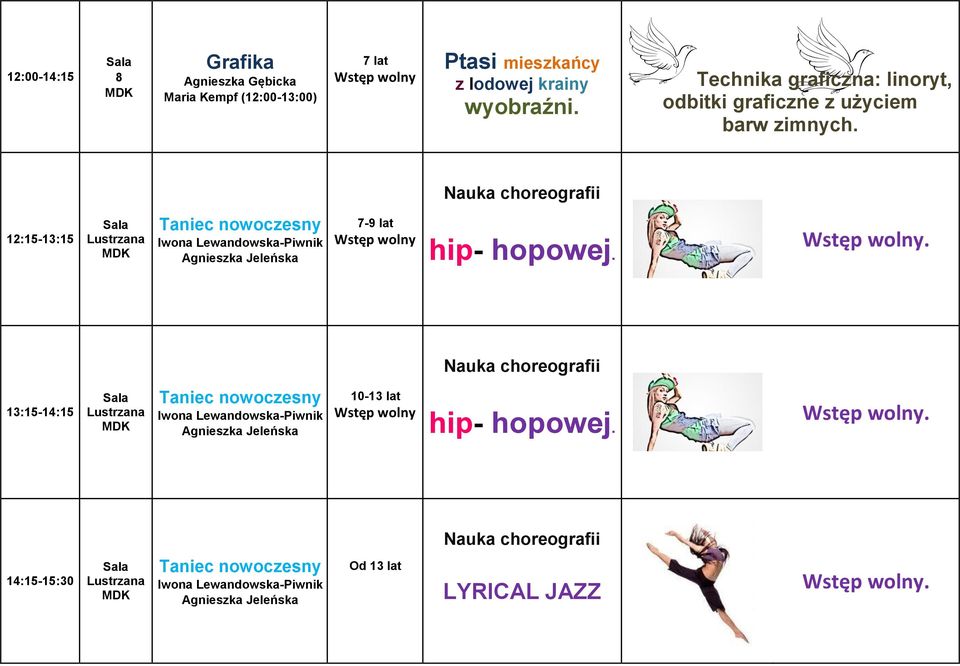 Nauka choreografii 12:15-13:15 Taniec nowoczesny Iwona Lewandowska-Piwnik 7-9 lat hip- hopowej.