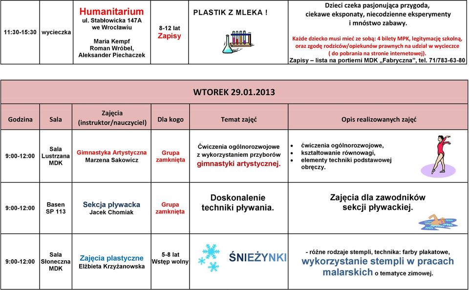 Każde dziecko musi mieć ze sobą: 4 bilety MPK, legitymację szkolną, oraz zgodę rodziców/opiekunów prawnych na udział w wycieczce ( do pobrania na stronie internetowej).