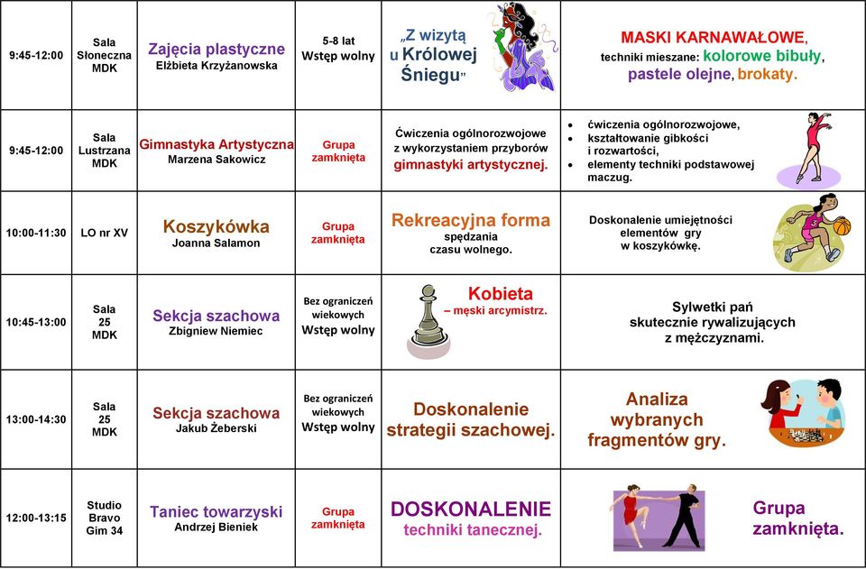 kształtowanie gibkości i rozwartości, elementy techniki podstawowej maczug. 10:00-11:30 LO nr XV Koszykówka Joanna mon Rekreacyjna forma spędzania czasu wolnego.