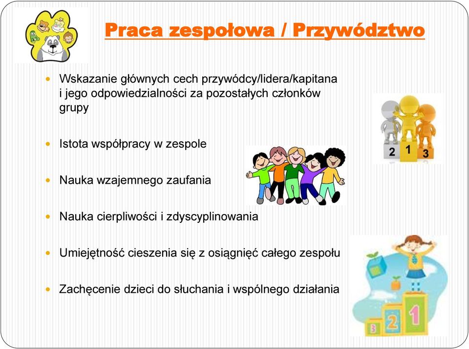 Nauka wzajemnego zaufania Nauka cierpliwości i zdyscyplinowania Umiejętność