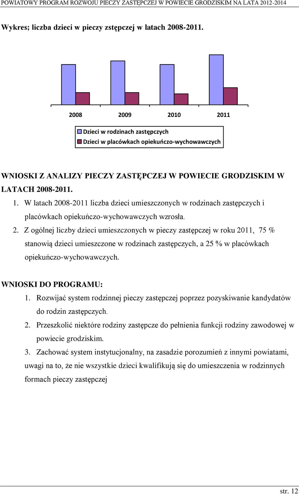 W latach 2008-2011 liczba dzieci umieszczonych w rodzinach zastępczych i placówkach opiekuńczo-wychowawczych wzrosła. 2. Z ogólnej liczby dzieci umieszczonych w pieczy zastępczej w roku 2011, 75 % stanowią dzieci umieszczone w rodzinach zastępczych, a 25 % w placówkach opiekuńczo-wychowawczych.